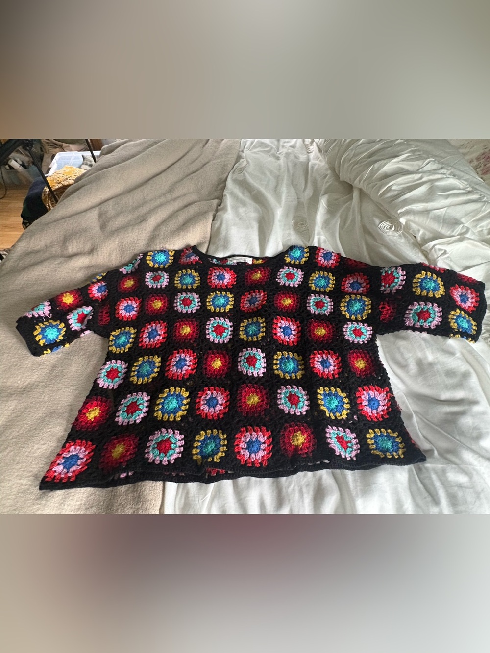 Anthropologie Black Multicolor Crochet Square Sweater - Picture 3 of 3